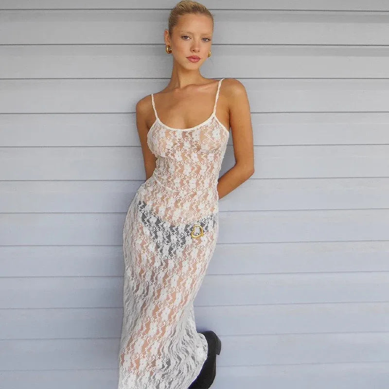 Sheer lace camisole midi dress for women