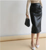 Brown sheepskin mid length bodycon leather skirt with slit 3 S