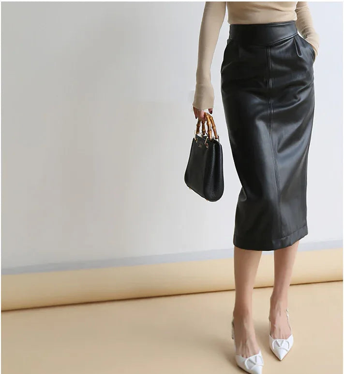 Brown sheepskin mid length bodycon leather skirt with slit 3 S