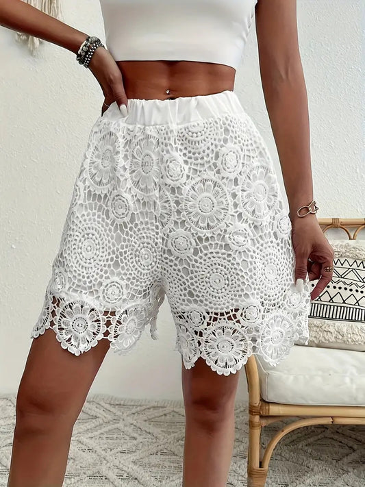 Women's lace trim mid waist straight shorts
