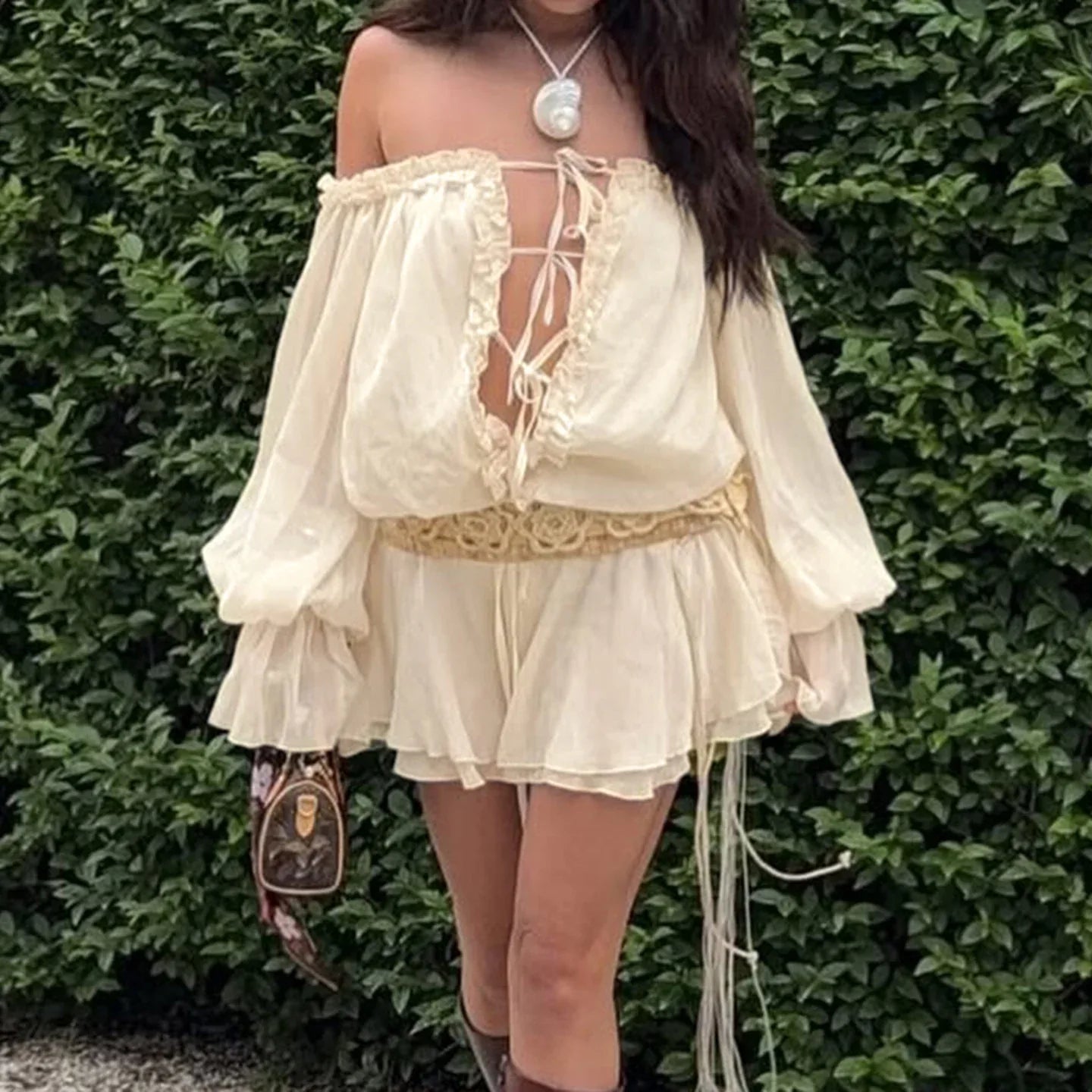 Bohemian off shoulder ruffled chiffon mini