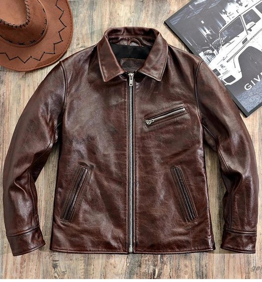 Men’s Retro Waxed Cowhide Leather Jacket