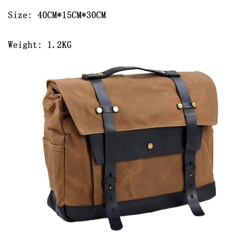 Canvas Motorcycle Saddlebag with Waxed Finish and Cowhide Leather Straps
