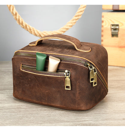 Women Leather Makeup Bag Crazy Horse Leather Toiletry Case