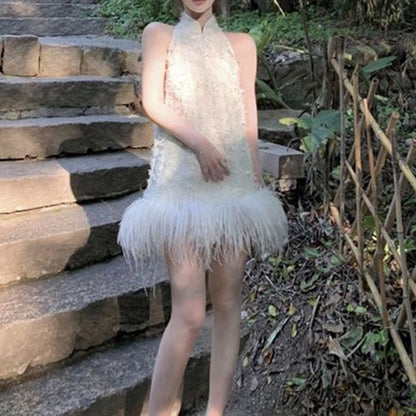 French Sequin Feather Mini Dress Halter Neck