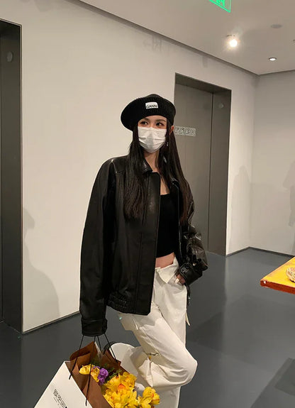 Women Oil-Waxed Oversized Genuine Sheepskin Leather Jacket