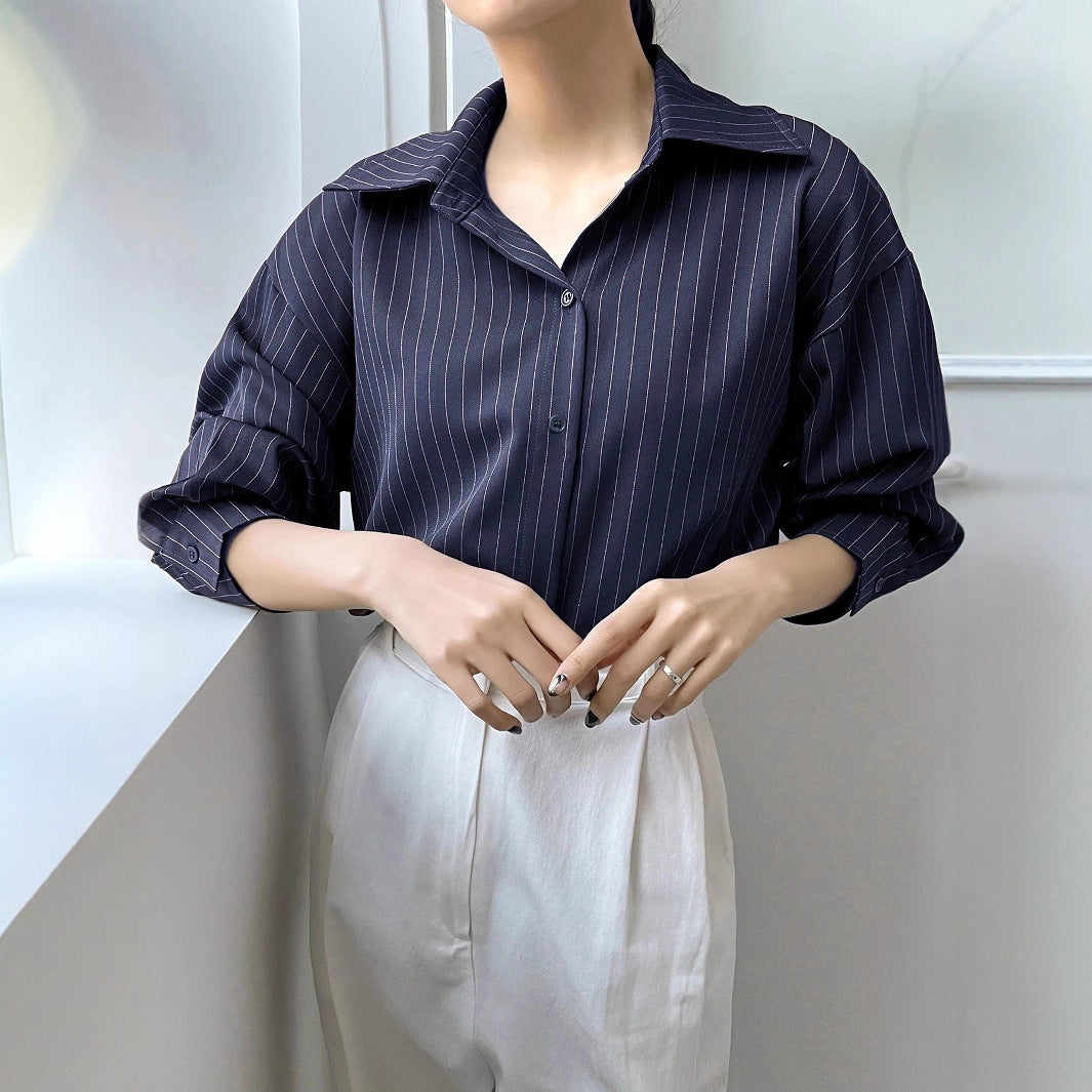 Cotton Striped Print Shoulder Shirt Blouse