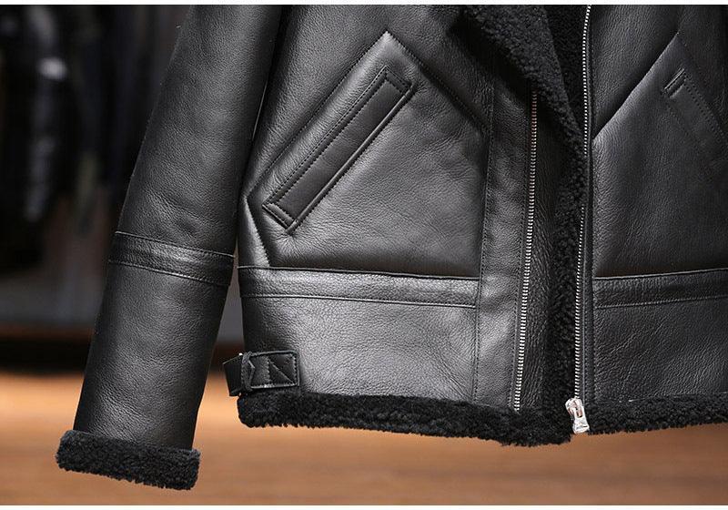 Men Real Sheepskin Shearling Fur Flight Bomber Jacket