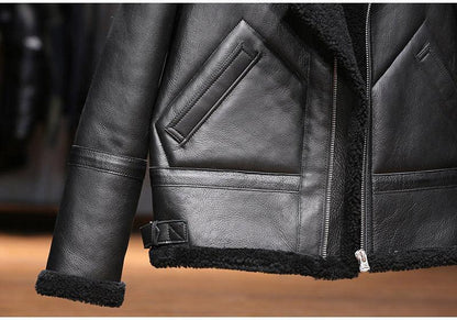 Men Real Sheepskin Shearling Fur Flight Bomber Jacket