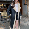 Women Black Leather Trench with Faux Shearling Lining