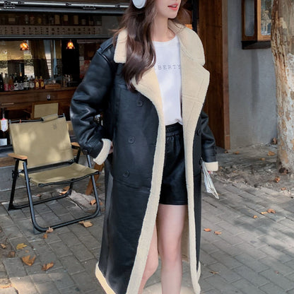 Women Black Leather Trench with Faux Shearling Lining