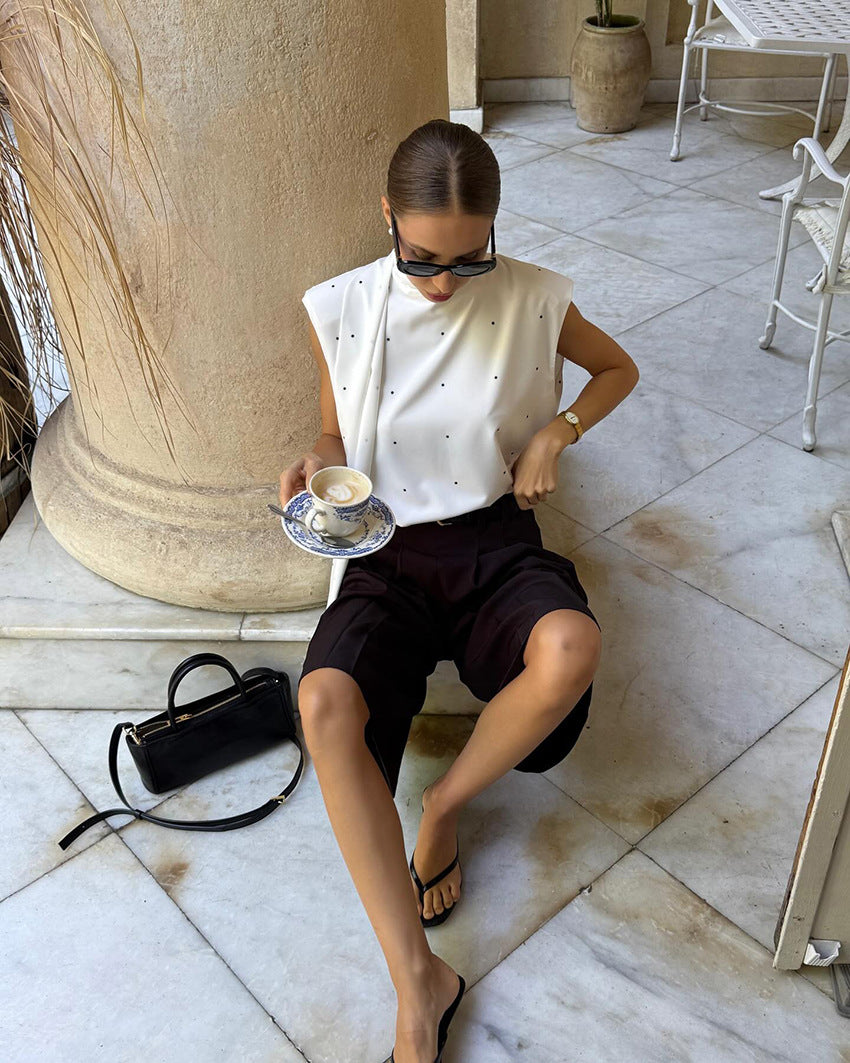 Women Polka Dot Sleeveless Backless Tie Bow Stand Collar Satin Top