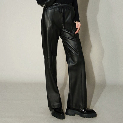 Women’s Genuine Leather Trousers High Waisted Wide Leg Pants
