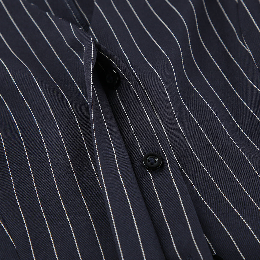 Women Navy Blue Pinstripe Blazer Skirt Set Two-Piece Outfit