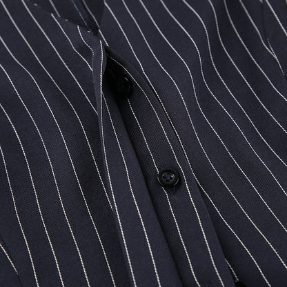 Women Navy Blue Pinstripe Blazer Skirt Set Two-Piece Outfit