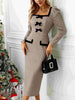 Plaid Midi Long Sleeve Dress with Bows and Square Neckline