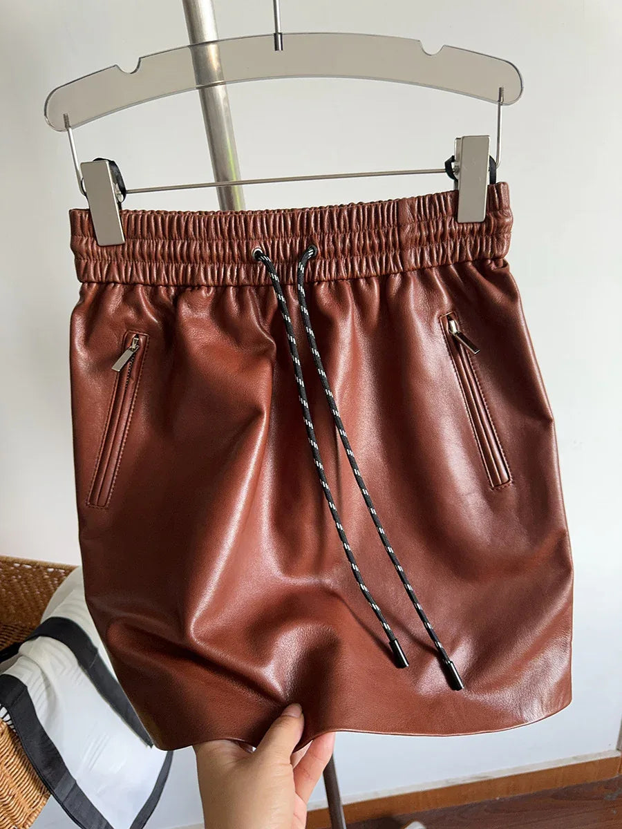 Genuine sheepskin leather mini skirt with drawstring