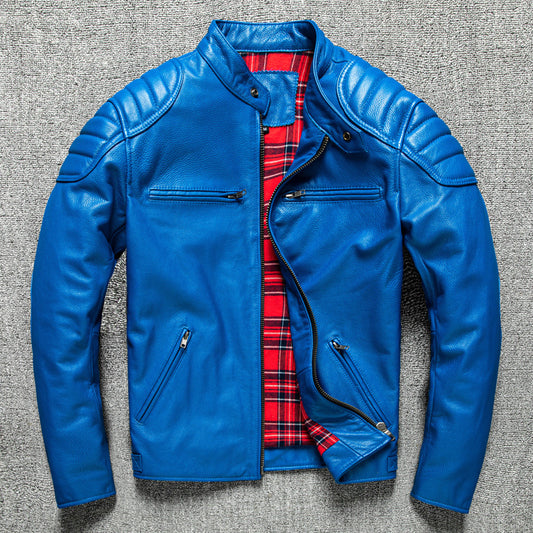 Blue Leather Biker Jacket for Men Slim Fit Motorcycle Style