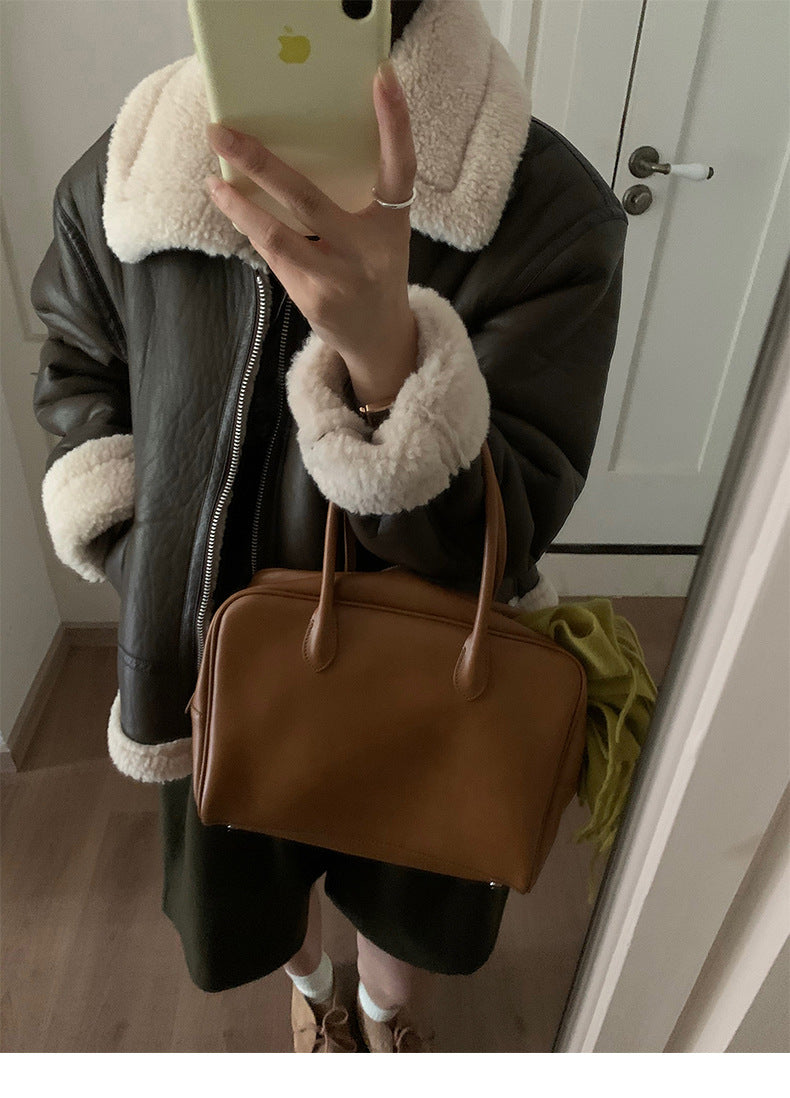 Brown shearling trim leather bomber jacket women