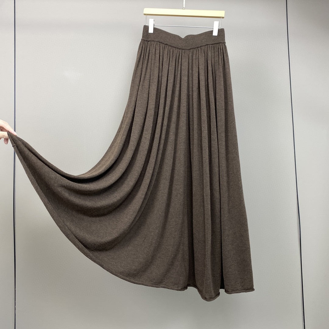 Women Wool Knit Midi Skirt Brown Elastic Waist Pleated Wool Skirt