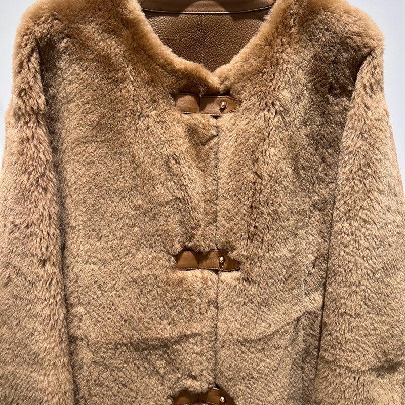 Women Leather Real Fur Coat Short Shearling Round Neck Jacket