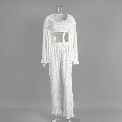 Heart print ribbed three piece women pajama set