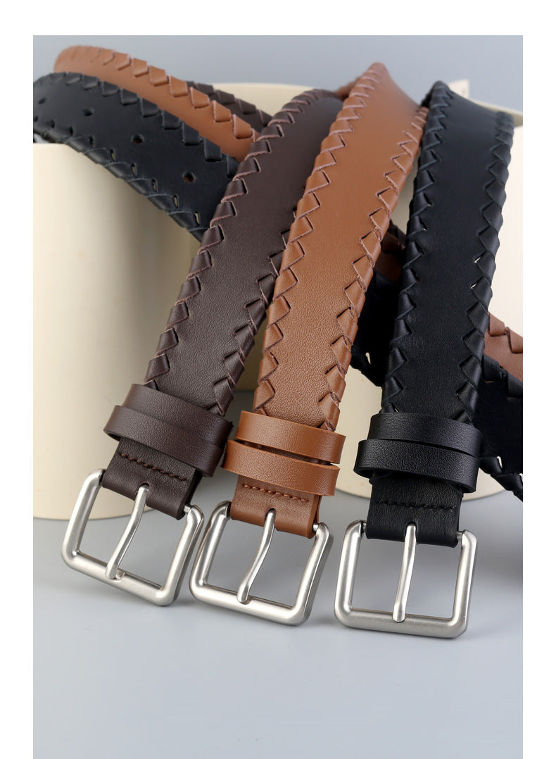 Women’s Braided Leather Belt Genuine Cowhide Silver Buckle