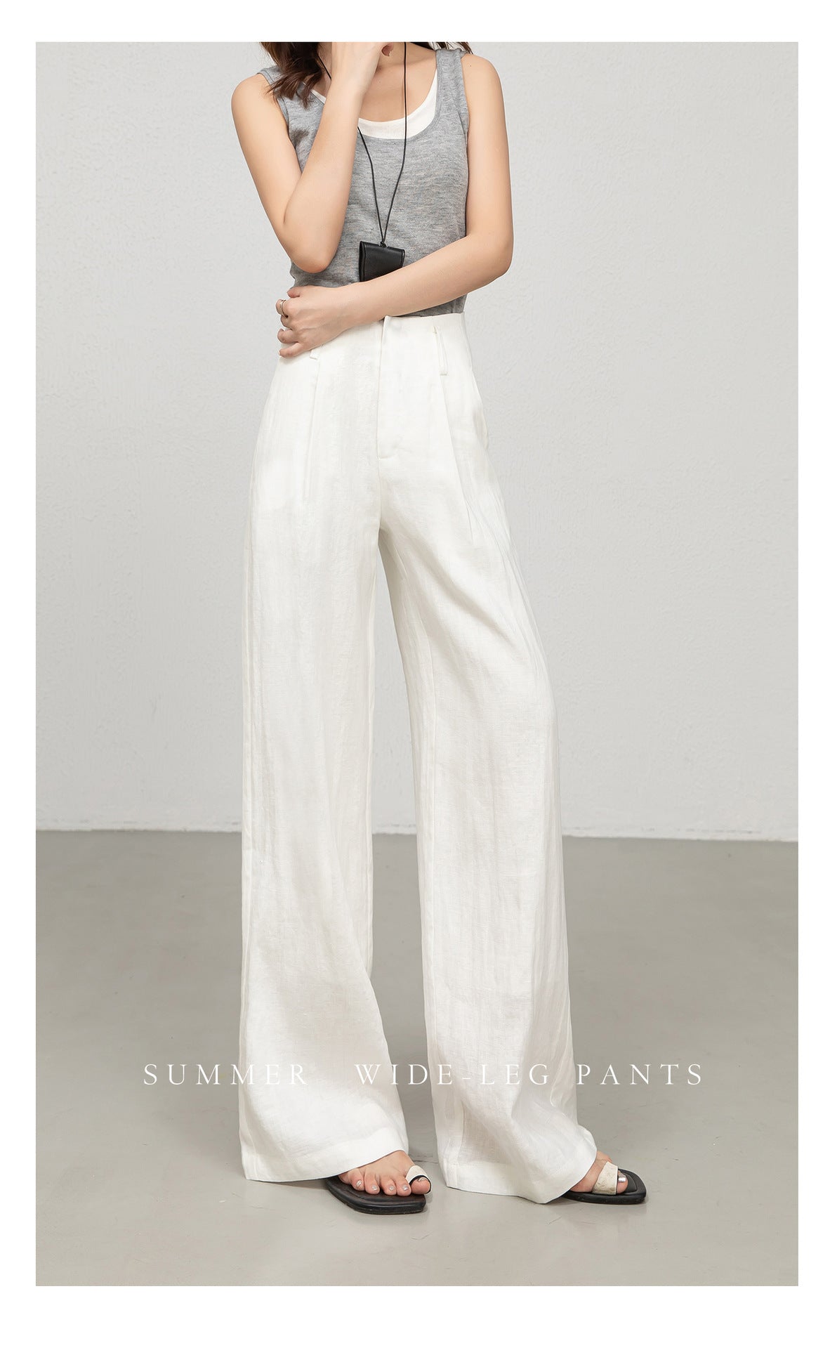 High waist women linen pants with wide leg