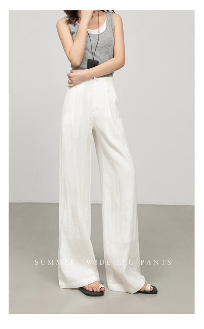 High waist women linen pants with wide leg