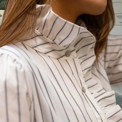 Beige Brown Women's Striped Button Down Shirt