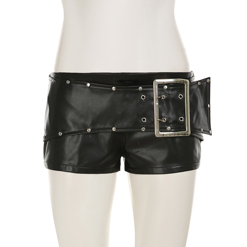 Black Faux Leather Shorts for Women with Buckle Low Waist