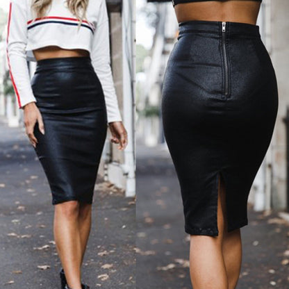 Black Faux Leather Pencil Skirt with Back Zipper