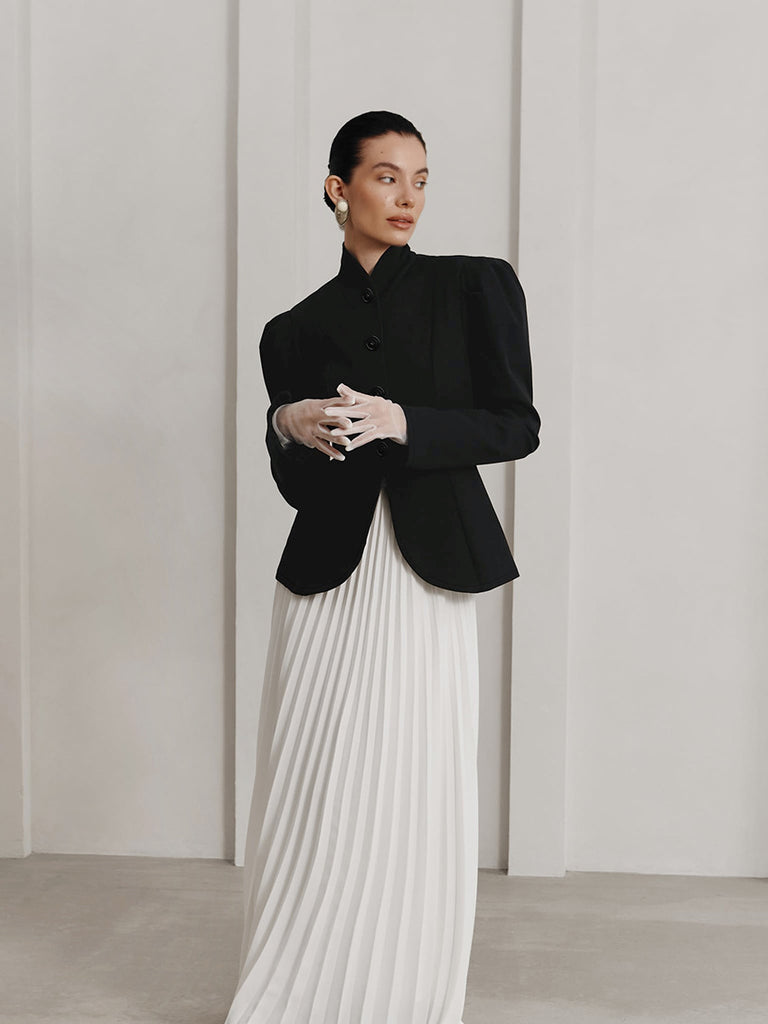 Women’s Stand-Up Collar Black Blazer Puff Sleeve Work Jacket