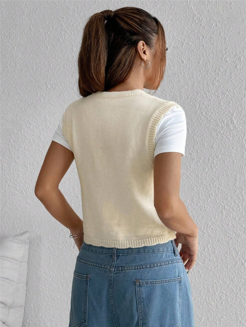 Embroidered Knitted Sweater Women’s Vest Floral Button Front Crop