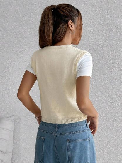 Embroidered Knitted Sweater Women’s Vest Floral Button Front Crop