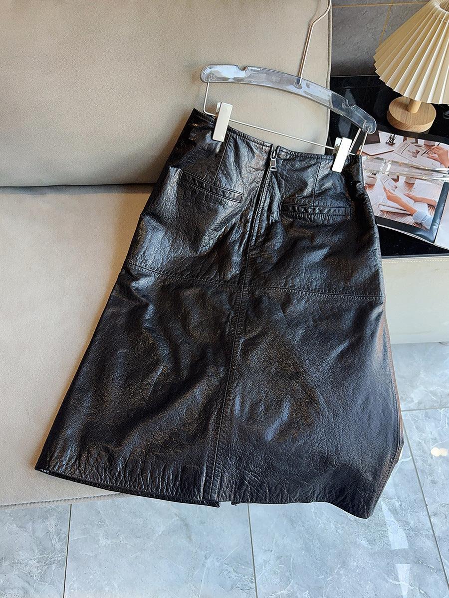 New waxed cowhide slit midi skirt