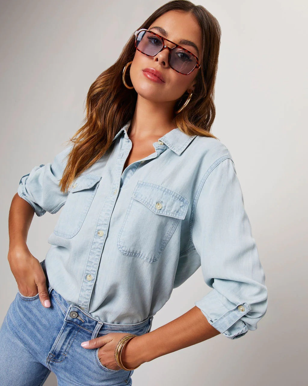Lightweight Denim Shirt Women Long Sleeve