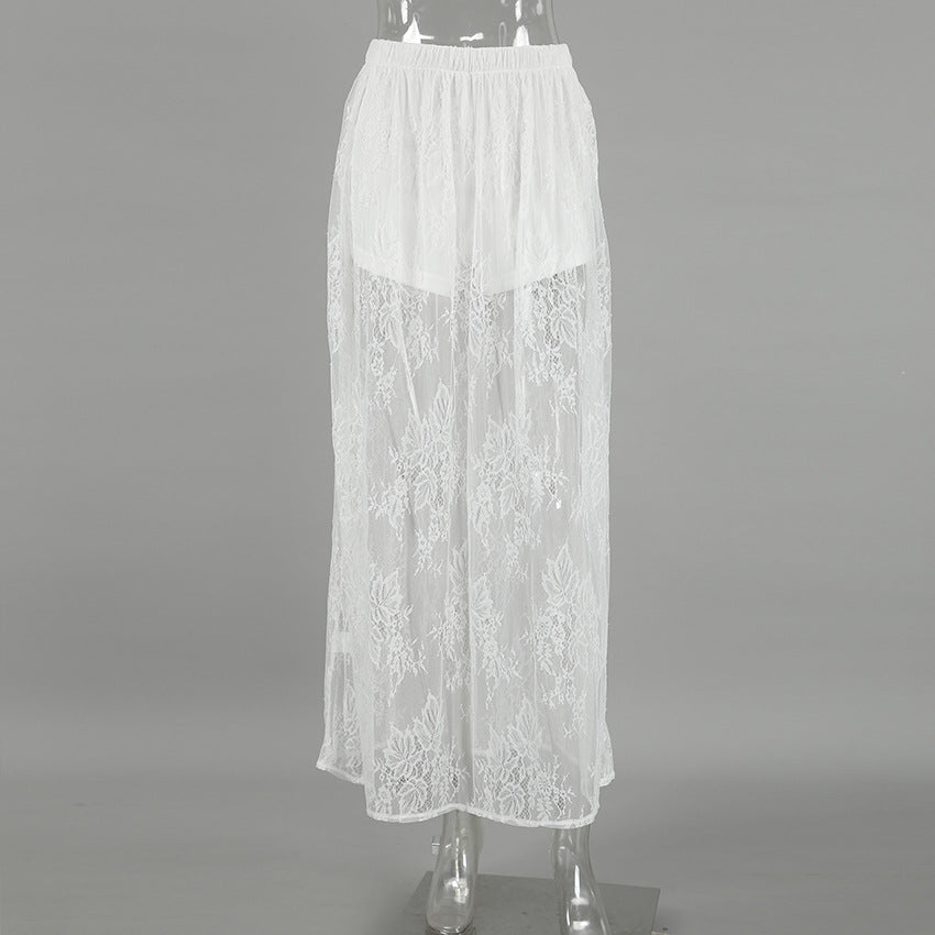 Women’s White Lace Jacquard Midi Skirt  See-Through