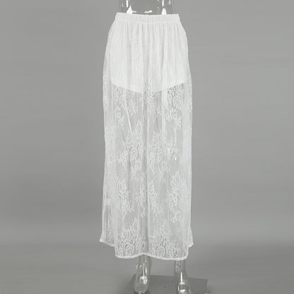 Women’s White Lace Jacquard Midi Skirt  See-Through