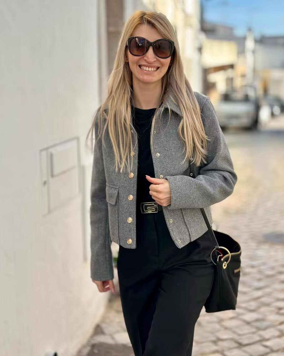 Women’s Wool Blend Cropped Jacket with Gold Metal Buttons