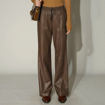 Women’s Genuine Leather Trousers High Waisted Wide Leg Pants