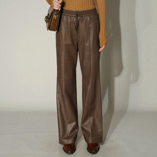 Women’s Genuine Leather Trousers High Waisted Wide Leg Pants