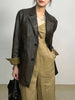 Women Leather Jacket Mid-Length Blazer with Suede Cuffs