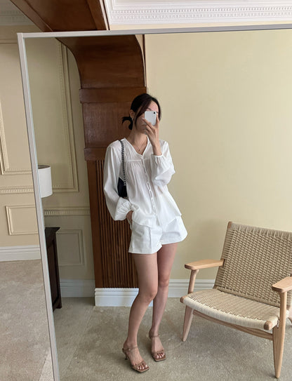 Women's Button Front Puff Sleeve Blouse