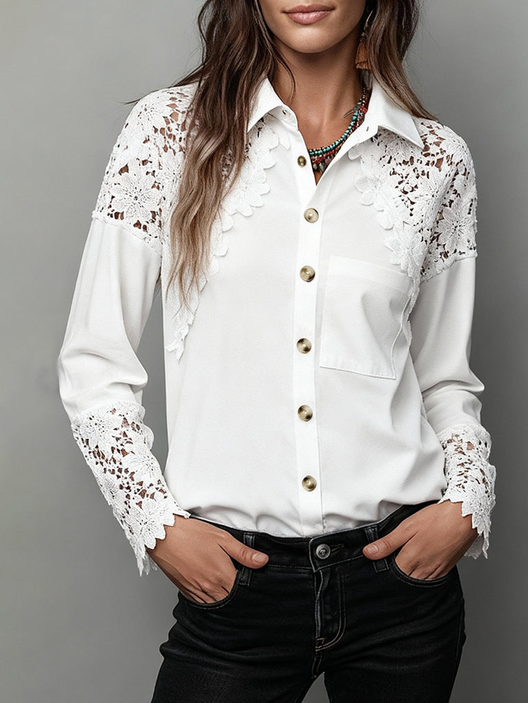 Spring french lace trim collared shirt top