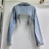 Women Beaded Fringe Tassels Rivet Denim Cropped Jacket