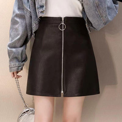 Black PU Leather Mini Skirt with Zipper High Waist A-Line Fit