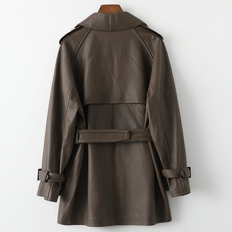 Mid length women leather trench jacket coat