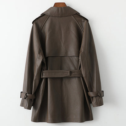 Mid length women leather trench jacket coat