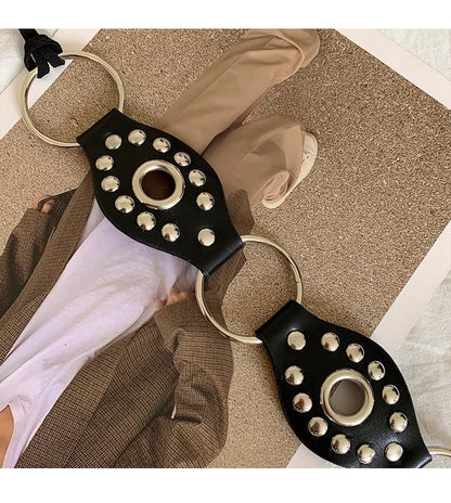 Women’s Black Studded O Ring Belt with Tie Closure